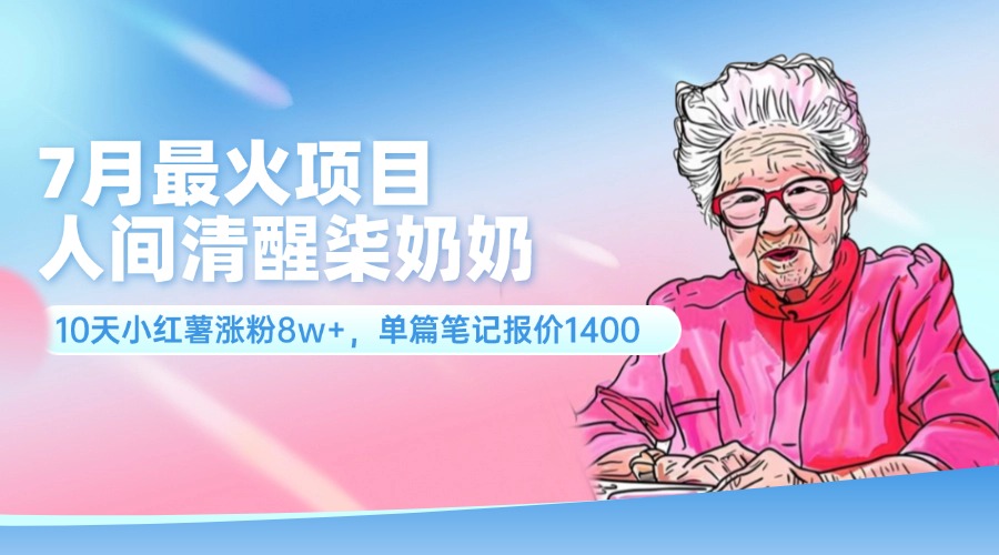 （11861期）7月最火项目，人间清醒柒奶奶，10天小红薯涨粉8w+，单篇笔记报价1400.-叮当猫聊项目