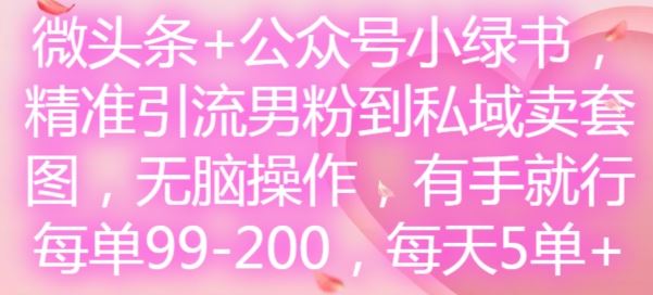 微头条+公众号小绿书，精准引流男粉到私域卖套图，无脑操作，有手就行，每单99-200，每天5单-叮当猫聊项目
