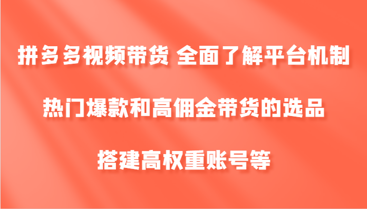 拼多多视频带货 全面了解平台机制、热门爆款和高佣金带货的选品，搭建高权重账号等-叮当猫聊项目
