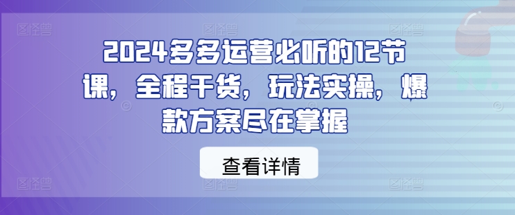 2024多多运营必听的12节课，全程干货，玩法实操，爆款方案尽在掌握-叮当猫聊项目
