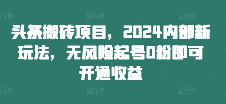 头条搬砖项目，2024内部新玩法，无风险起号0粉即可开通收益-叮当猫聊项目
