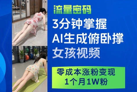 3分钟掌握AI生成俯卧撑女孩视频，零成本涨粉变现，1个月1W粉-叮当猫聊项目