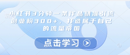 小红书3分钟一条作品精准引流创业粉300+，打造属于自己的流量帝国-叮当猫聊项目