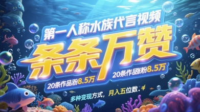 第一人称水族代言视频，条条万赞，20条作品涨粉7.8W，多种变现方式月入五位数-叮当猫聊项目