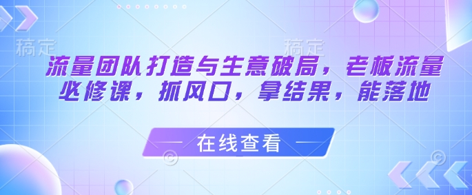 流量团队打造与生意破局，老板流量必修课，抓风口，拿结果，能落地-叮当猫聊项目