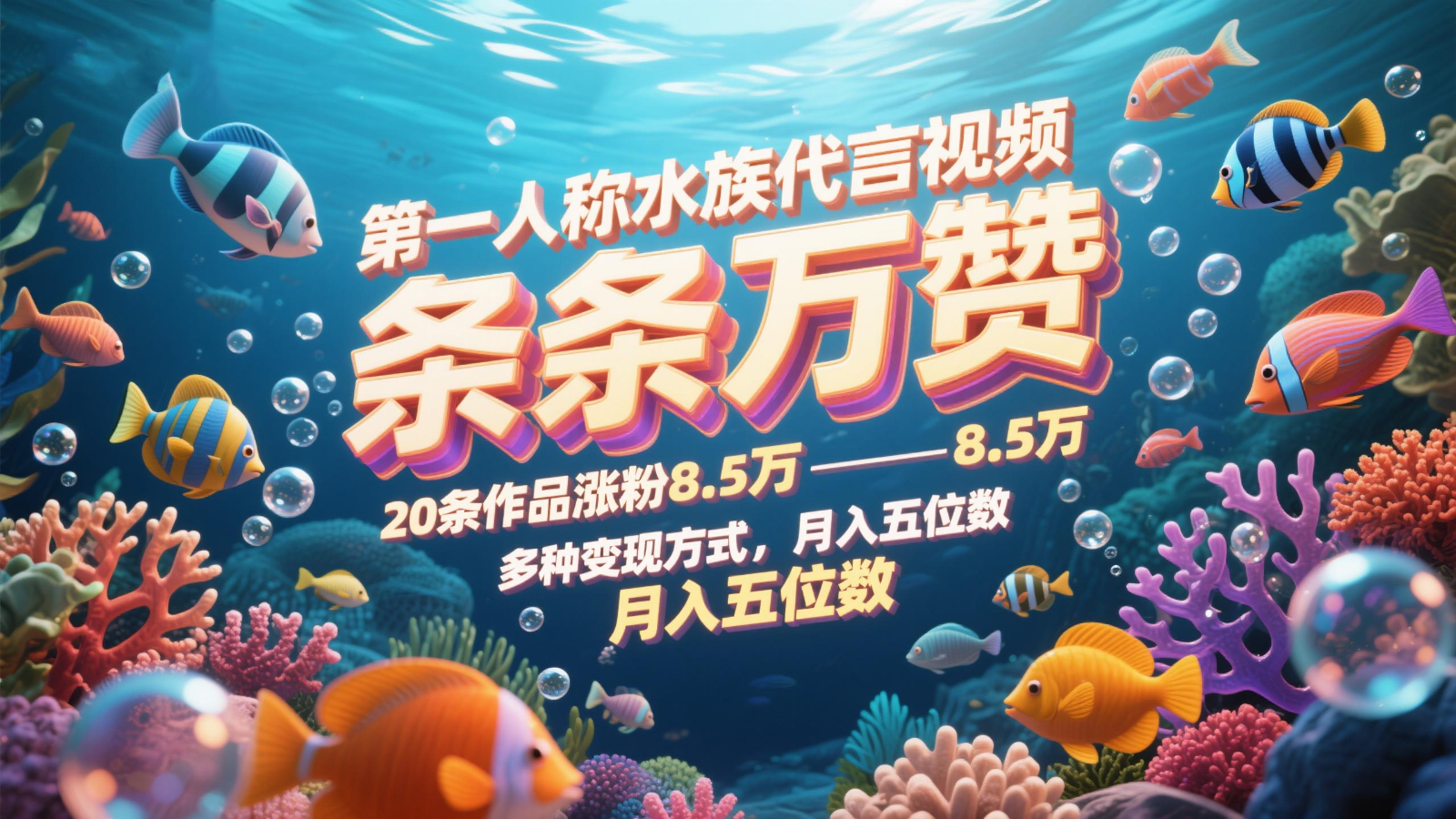 第一人称水族代言视频，条条万赞，20条作品涨粉8.5万，多种变现方式月，入五位数-叮当猫聊项目