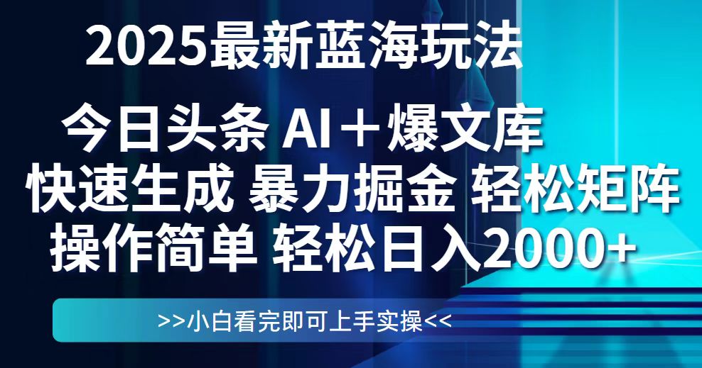 今日头条2025最新蓝海玩法，思路简单，复制粘贴，轻松实现矩阵日入2000+-叮当猫聊项目