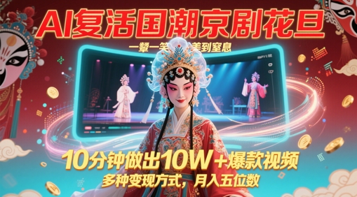 AI复活国潮京剧花旦，一颦一笑美到窒息，10分钟做出10W+爆款视频，多种变现方式，月入五位数-叮当猫聊项目