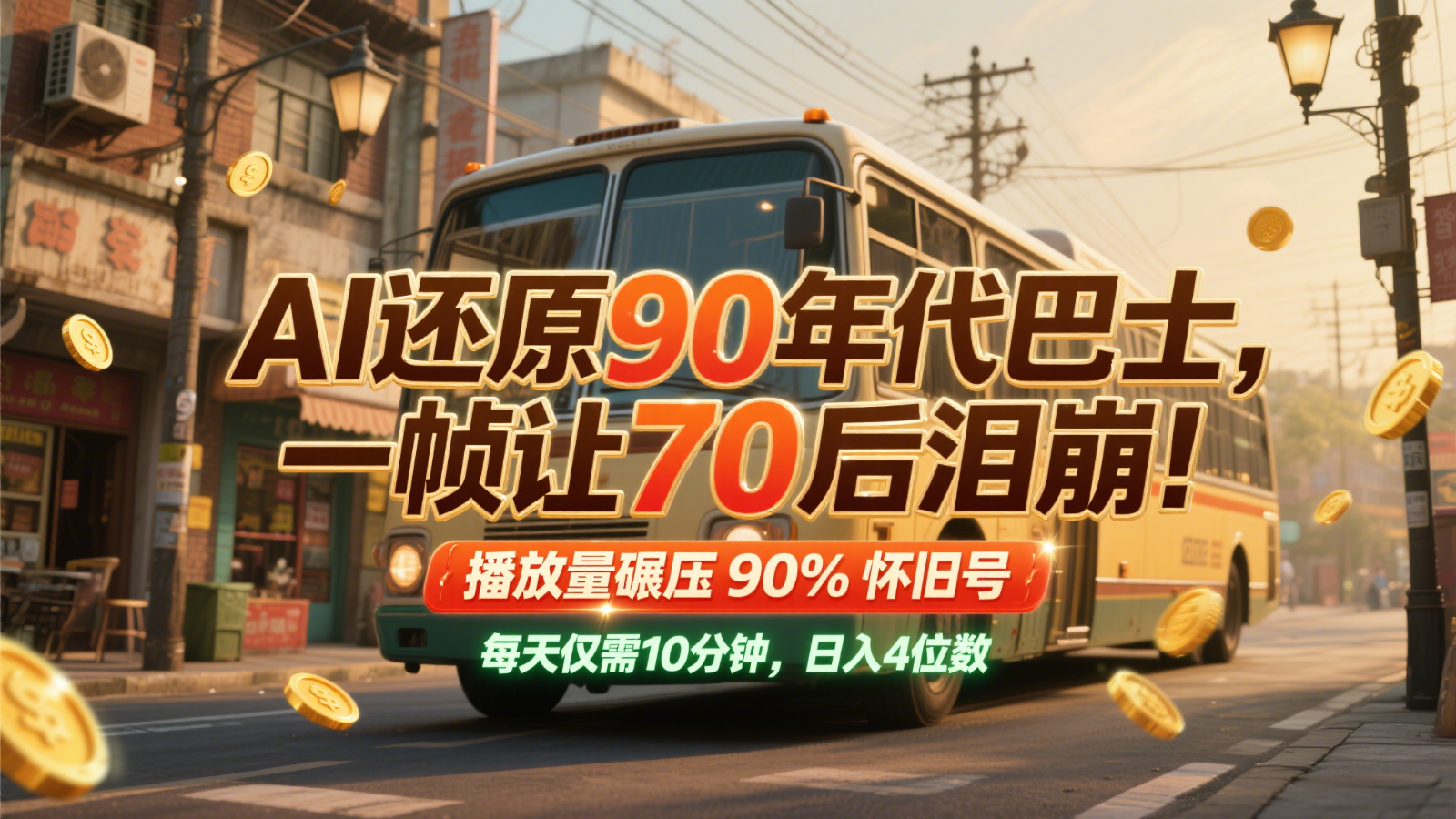 AI还原90年代巴士，一帧让70后泪崩！播放量碾压90%怀旧号，每天10分钟，日入4位数-叮当猫聊项目