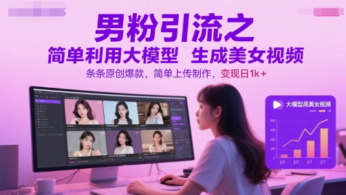 男粉引流之简单利用大模型生成美女视频，条条原创爆款，简单上传制作，变现日1k+-叮当猫聊项目