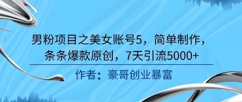 男粉项目之美女账号5，简单制作，条条爆款原创，7天引流5000+-叮当猫聊项目