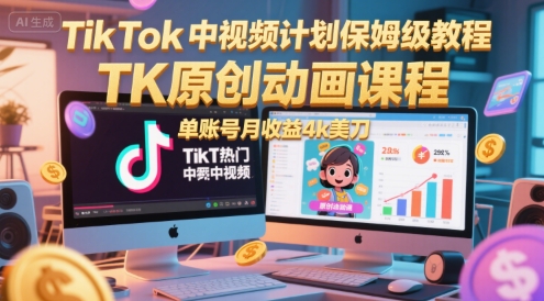TikTok中视频计划保姆级教程，TK原创动画课程，单账号月收益4k美刀-叮当猫聊项目