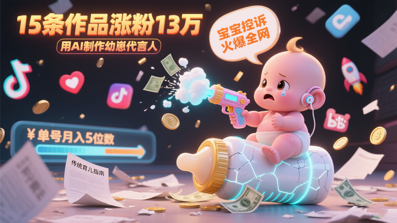 用AI制作幼崽代言人，宝宝的控诉火爆全网，15条作品涨粉13万，单号月入5位数实操教程-叮当猫聊项目