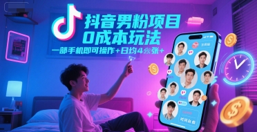 抖音男粉项目0成本玩法，一部手机即可操作，日均4张+，时间自由-叮当猫聊项目