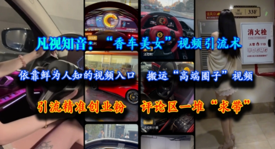凡视知音：“香车美女”视频引流术，依靠鲜为人知的视频入口，搬运“高端圈子”视频，引流精准创业粉，评论区一堆“求带”-叮当猫聊项目