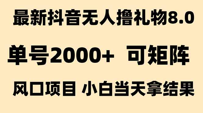 抖音无人撸礼物8.0玩法 全新风口 见效果快 全无人 单号当天产出2000+-叮当猫聊项目