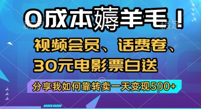 0成本薅羊毛!视频会员、话费卷、30元电影票白送，分享我如何靠转卖一天变现5张+【揭秘】-叮当猫聊项目